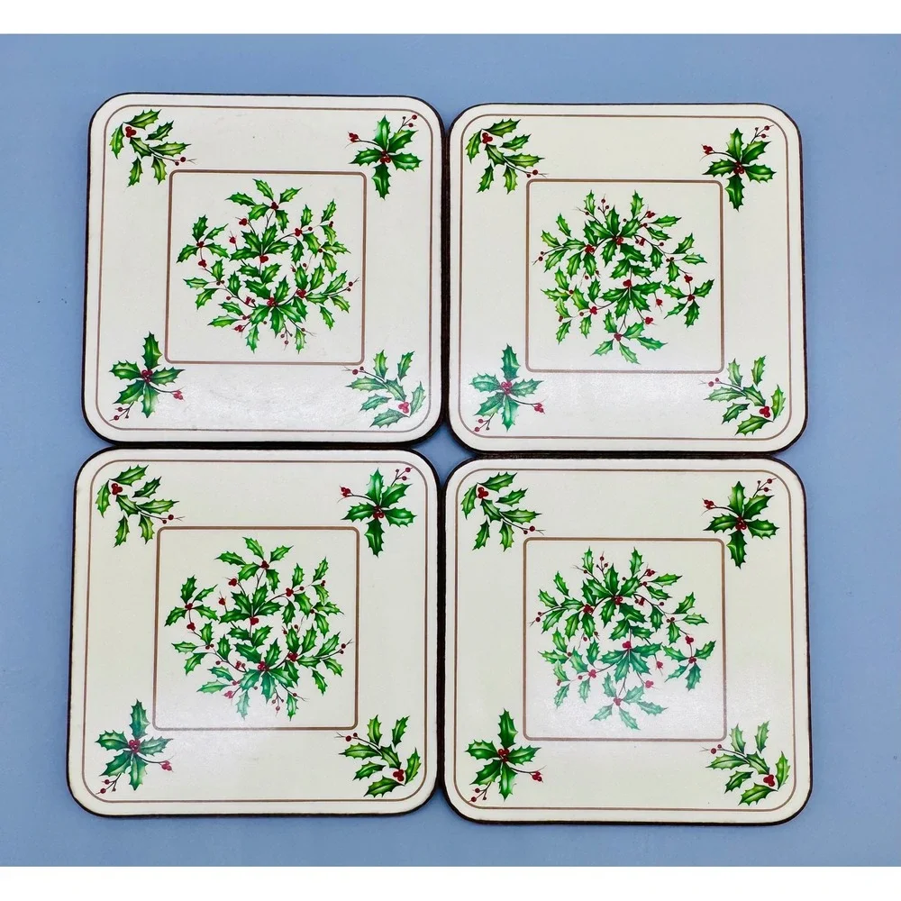 Lenox Holiday Coasters Cream Holly Berry Cork Back Set of 4 Made in England